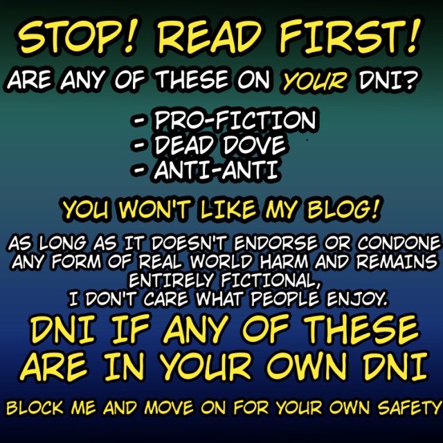 Jac0fAllTrades's tweet image. Needing to pin this because people don’t understand fiction is fiction

Also I post 18+ content so if you’re under 18 and follow me I’ll block you for both mine, as well as your own safety

The internet is a scary place, the world is too, so please take care of yourself 🩵