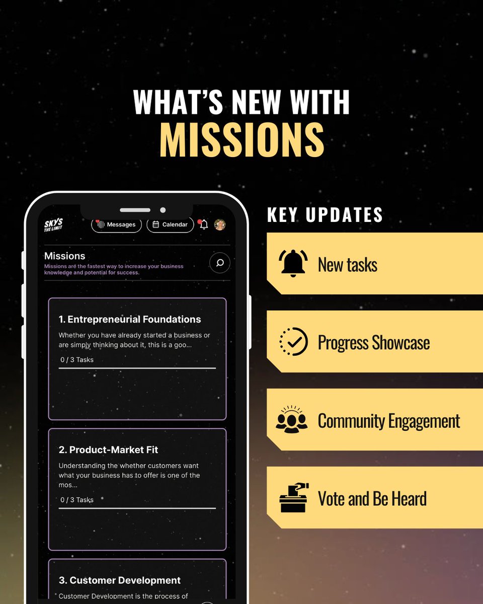 Our app just got a major upgrade with new missions, progress tracking, community engagement, and voting!

Download the app and level up your entrepreneurial journey:
iOS: hubs.la/Q0365YLj0
Android: hubs.la/Q0365WZs0

SkysTheLimit #STL #entrepreneurship #mentorship