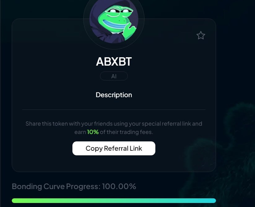 $ABXBT BONDING PROGRESS 100%

CA : 0xc1be2a46ef763f84a84bf4befc90878fd3b7666a