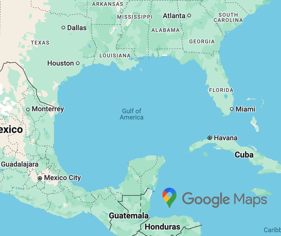FeynLogic's tweet image. Only @googlemaps/@google has made the change to Gulf of America. @apple and @bing/@bingmaps have not bothered.