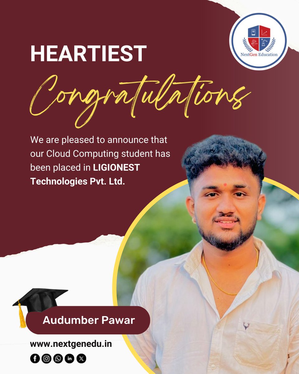 NextGenEdu_Pune's tweet photo. 𝗣𝗹𝗮𝗰𝗲𝗺𝗲𝗻𝘁 𝗡𝗲𝘄𝘀 !!🎓Heartiest Congratulations..💐💐Mr. Audumber Pawar. We are pleased to announce that our 𝗖𝗹𝗼𝘂𝗱 𝗖𝗼𝗺𝗽𝘂𝘁𝗶𝗻𝗴 student has been placed. Stay tuned for more updates and join us in congratulating on this fantastic achievement!🌟 #placement2025 https://t.co/51RxWlouGl