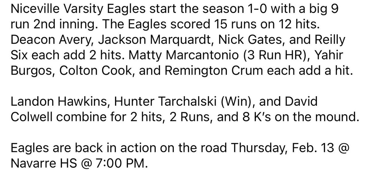 NHSEaglesBB's tweet photo. Niceville Eagles Varsity win 15-2 over Marianna Bulldogs to open up the season. Eagles will be back in action Thursday, Feb. 13 @ Navarre HS @ 7:00 PM 

#LeaveNoDoubt | #AllN | #EatTheFrog https://t.co/KwPw2JcY4J