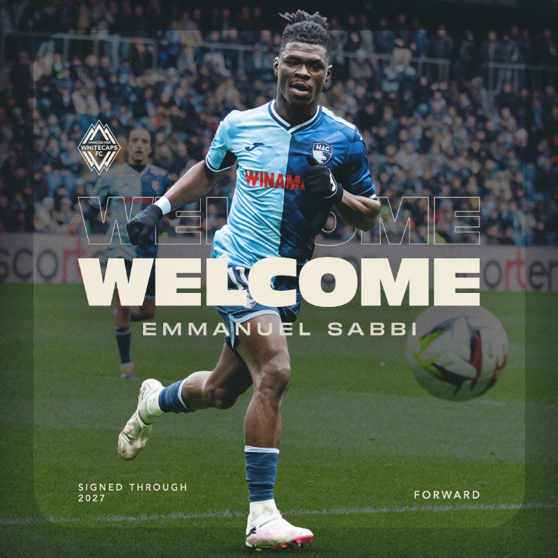 WhitecapsFC's tweet photo. It’s Sabbi Time ⏱️

Forward Emmanuel Sabbi joins the ‘Caps from Ligue 1’s @HAC_Foot on a deal through 2027, with a club option for 2028 ✍️

Welcome to Vancouver, @emmanuelsabbi97! 

#VWFC | #TogetherWeDare