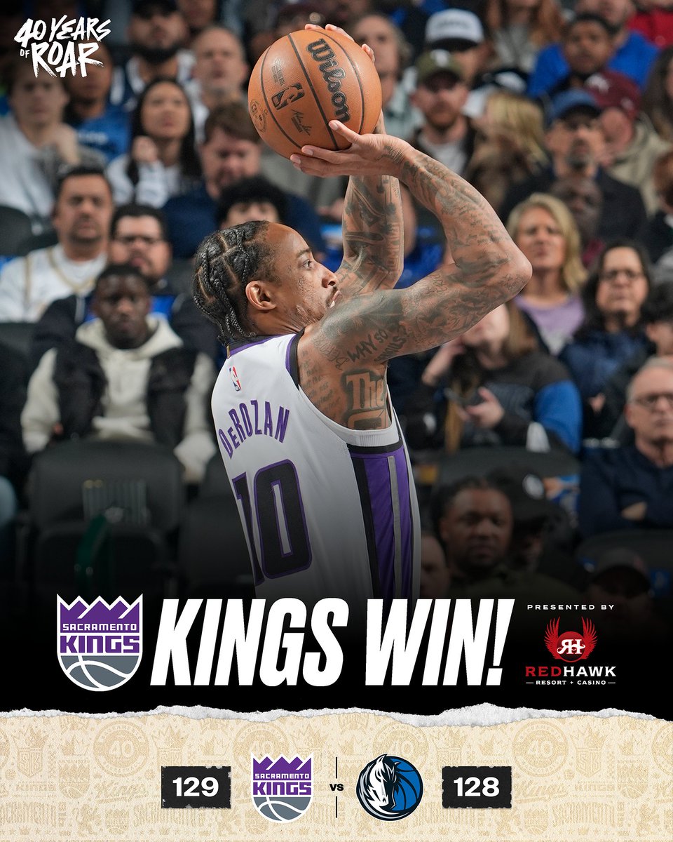 FINAL/OT: Kings defeat the Mavericks, 129-128.  
  
👑 DeMar DeRozan: 42 PTS, 7 REB   
👑 Malik Monk: 17 PTS, 8 AST  
👑 Zach LaVine: 17 PTS, 4 AST  
  
Kings Win presented by <a href="/RedHawkCasino/">Red Hawk Casino</a>