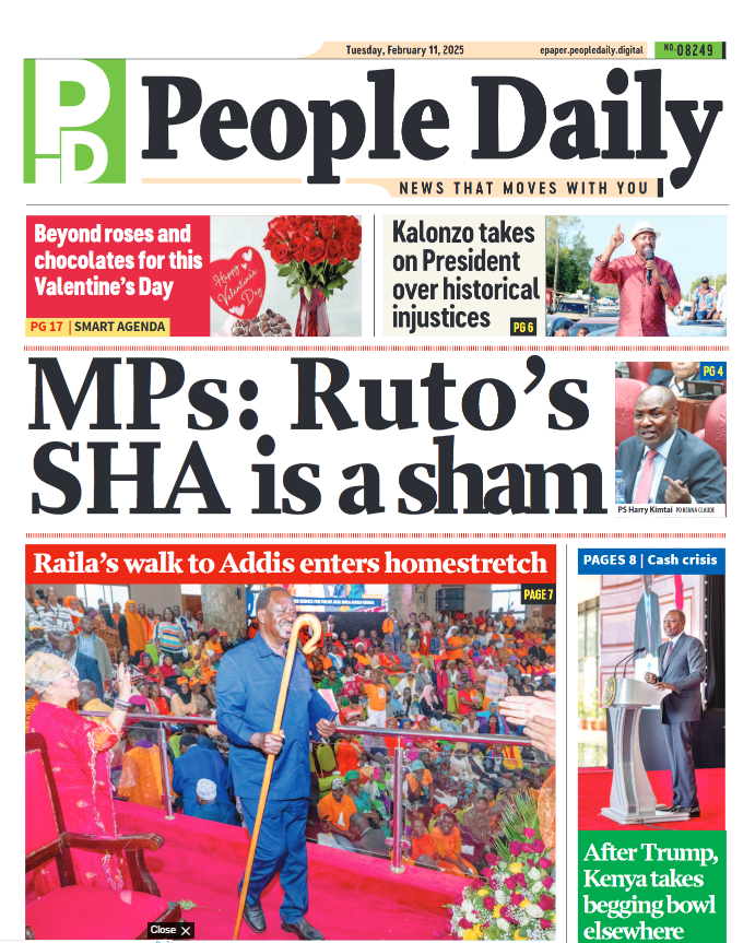 "Ruto's SHA is a sham" --MPs. On the front page of <a href="/PeopleDailyKe/">PEOPLE DAILY</a>.