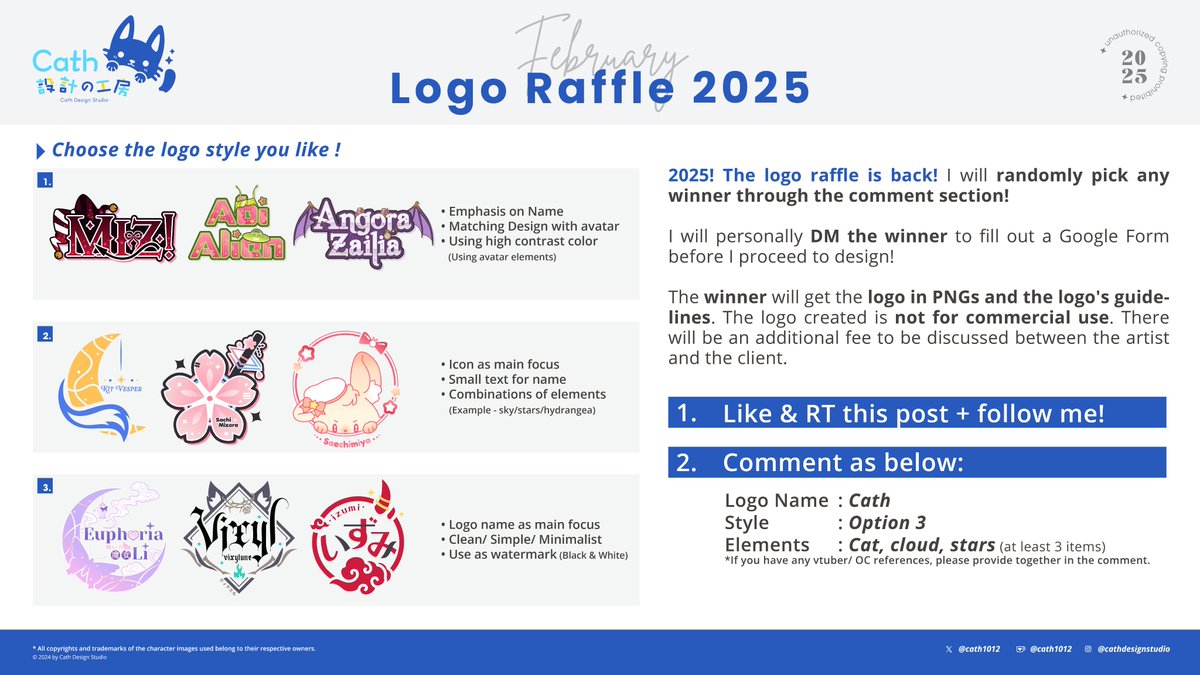 cath1012's tweet photo. ๐ฑ 2025 Logo Raffle Feb ๐ฑ
Peeps, I'm back with the logo raffle!
2 winners will be selected!
๐๐ป๐ฑ๐: ๐ญ๐ฒ ๐๐ฒ๐ฏ ๐
#Vtuberlogo #vtuber #giveaway #logodesign #commissionsopen #freelogo #logoraffle #free https://t.co/izUkVyvGFN