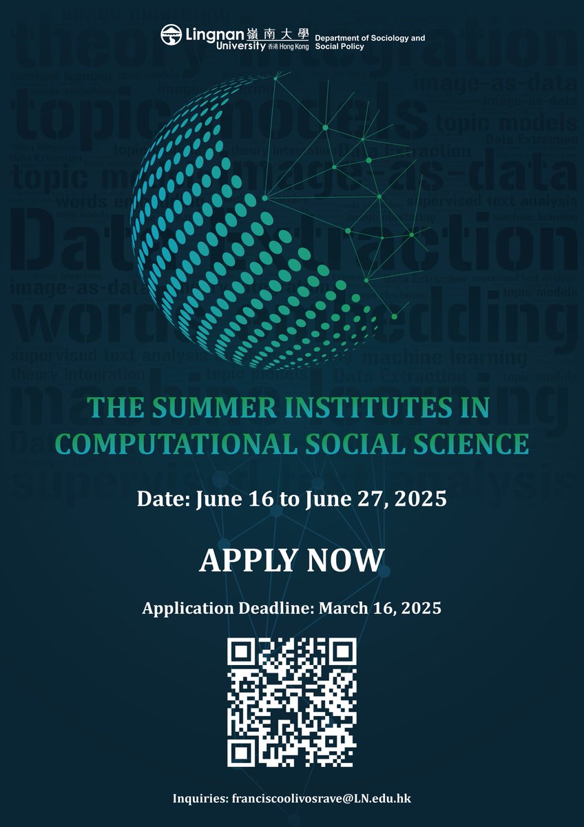We are hosting the Summer Institutes in Computational Social Sciences to provide free 2-week training (from June 16-27, 2025) to the next generation of researchers at the intersection of social science and data science. Join us at Lingnan University’s #SICSS2025!
