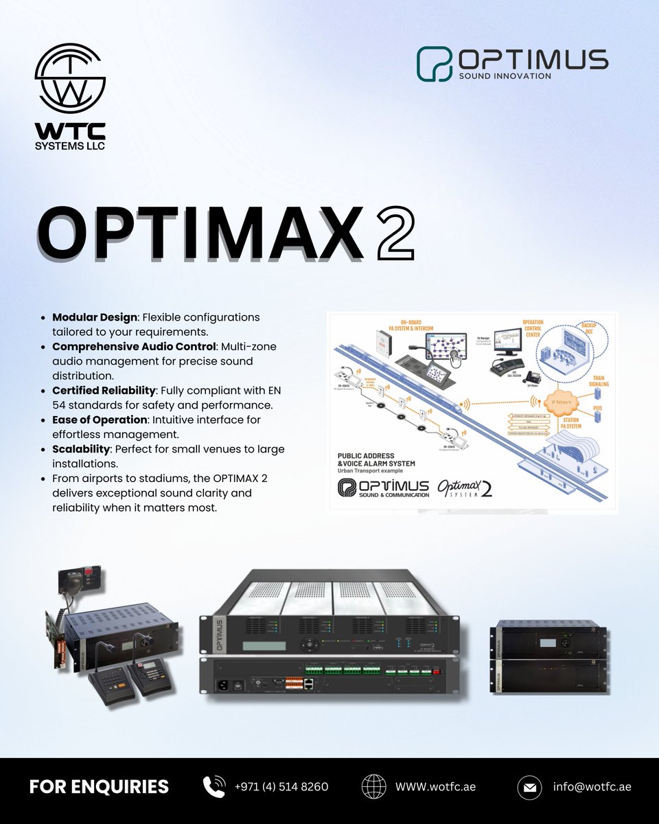 WTC_SYSTEMS_LLC's tweet image. Seamlessly designed for superior performance, the OPTIMAX 2 is the ultimate public address and voice alarm system, ensuring clear and reliable communication in critical environments.

wotfc.ae

#wtcsystems #optimax2 #publicaddresssystem #voicealarm #audiosolutions
