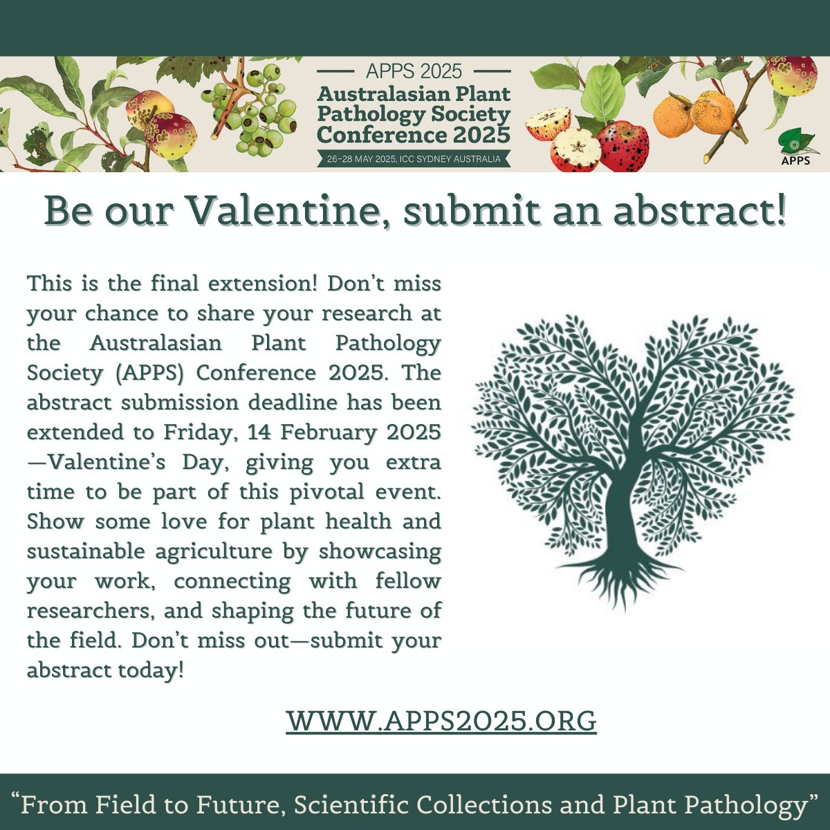 For the love of plant pathology, share your latest research at the upcoming 25th APPS Biennial conference in Sydney in May 2025 .
Abstract submissions open until Friday 14 Feb 😍
apps2025.org
#plantpathology
#phytopathology
#nematology
#biosecurity
#planthealth
