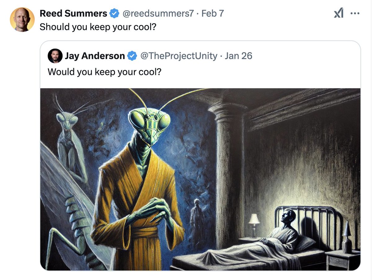 This sums it up on #NHI #abduction. Two very different approaches to talking about the phenomenon.

Jay: "Would you keep your cool?" (comon, of course you "should" they're here to help us)

Reed: "Should you keep your cool" (no, of course you wouldn't, and shouldn't, obviously)
