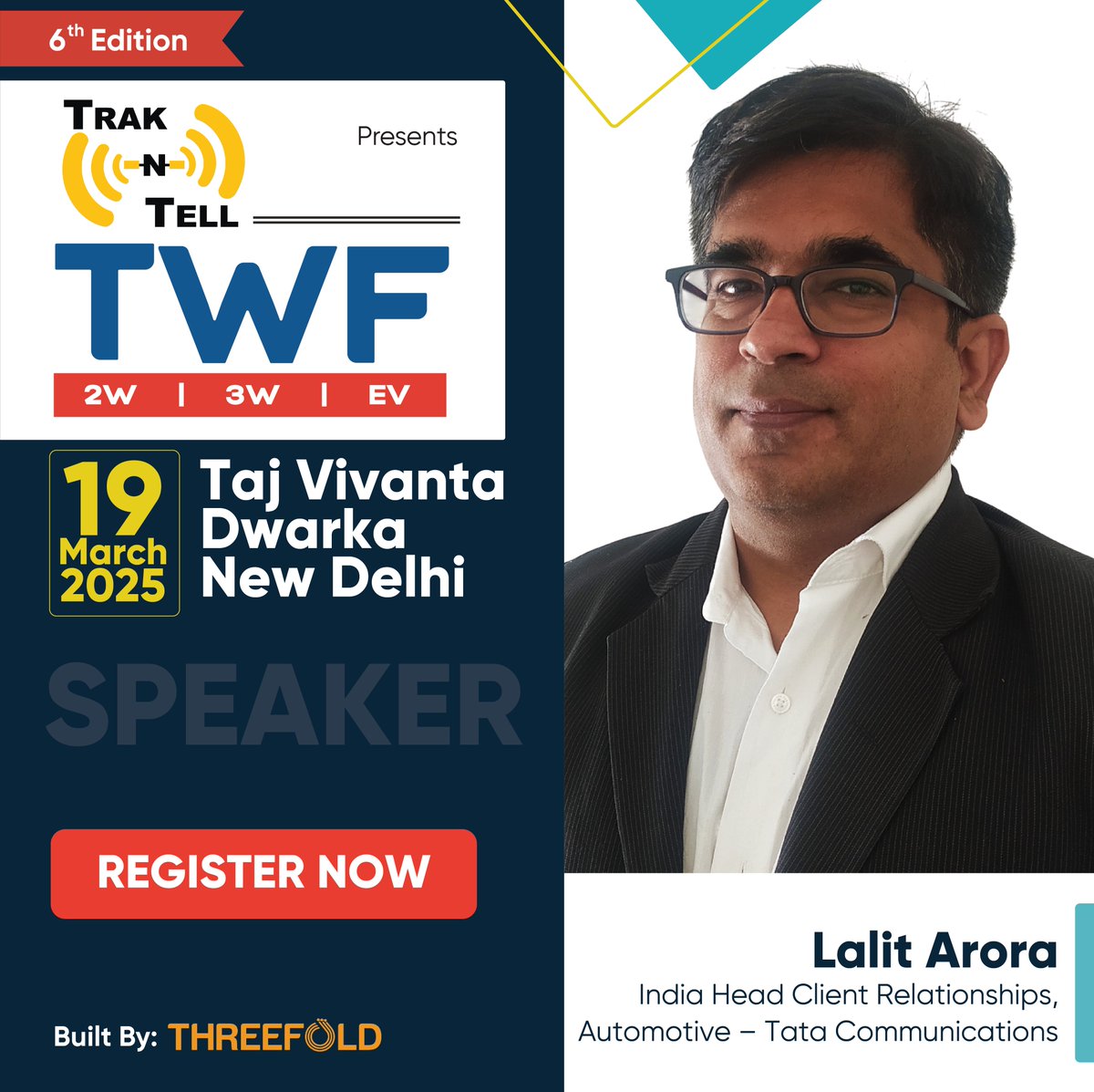 forum_two's tweet image. We’re excited to welcome Lalit Arora, India Head Client Relationships, Automotive – Tata Communications, as a Speaker at the 6th edition of TWF March 19, 2025 at Taj Vivanta, Dwarka, ND.
30% OFF: bit.ly/495TVtU
Raghav Shankar at +91 9599881027 or raghav@threefold.in
#EV