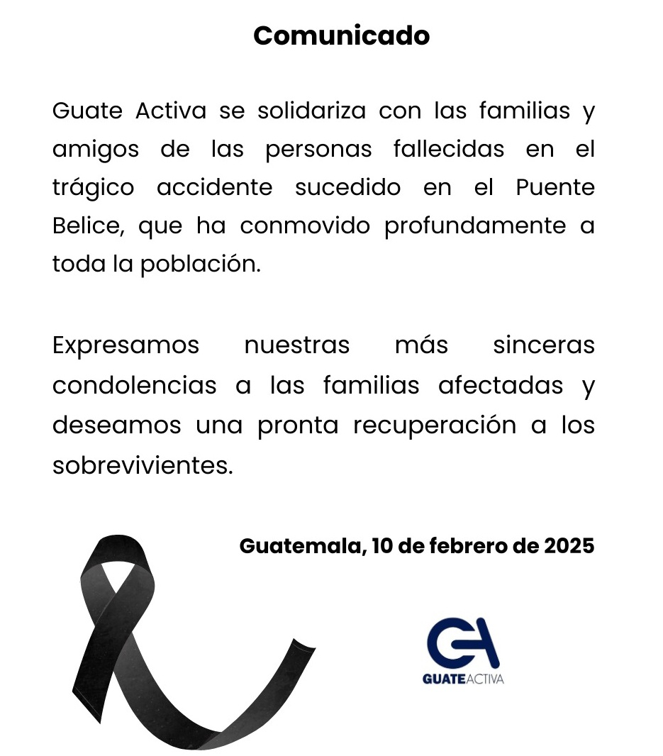 Nos solidarizamos con las familias y amigos de las personas fallecidas en el trágico accidente ocurrido en el Puente Belice.

Asimismo, deseamos una pronta recuperación para los sobrevivientes.