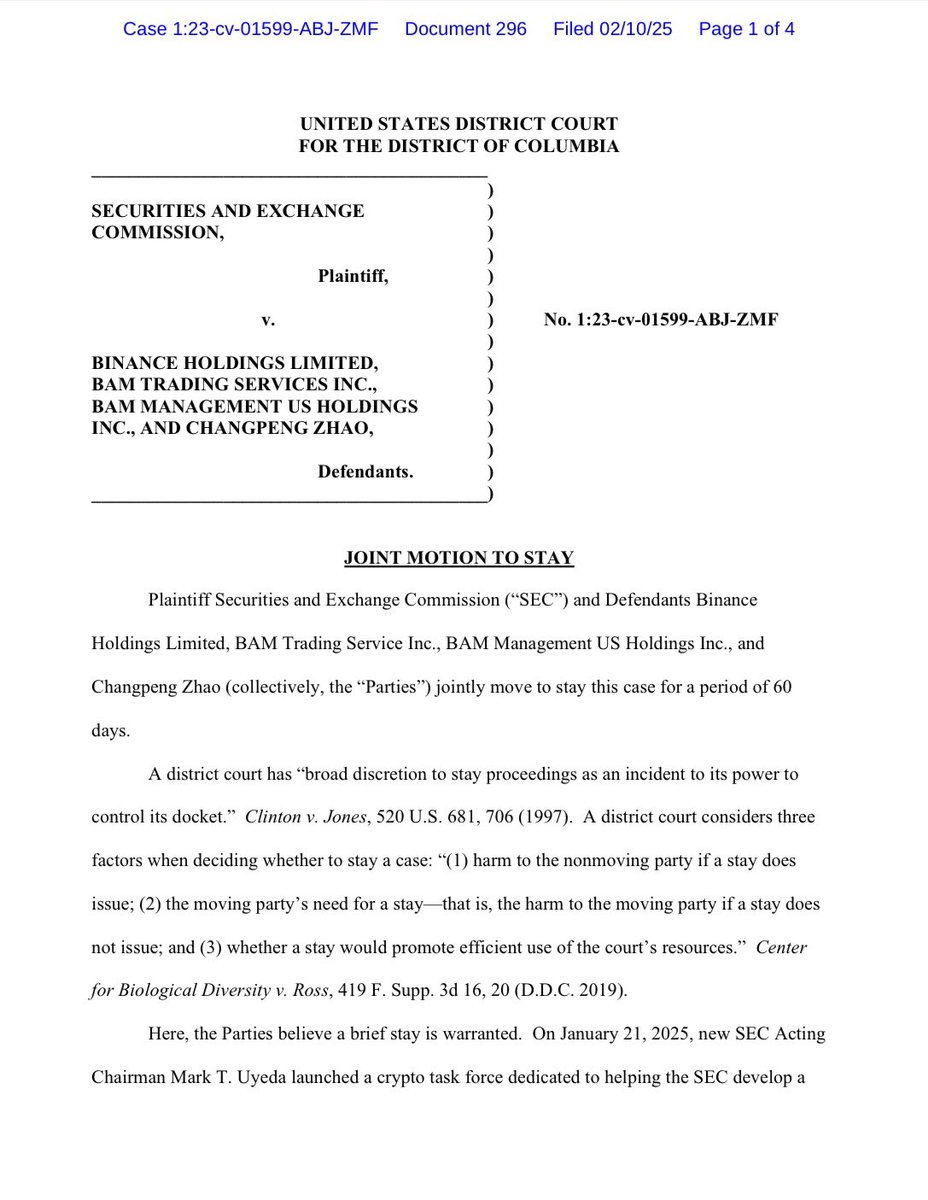 EleanorTerrett's tweet photo. 🚨NEW: Here’s the first requested pause on #crypto litigation in the courts since @MarkUyedaUS took over as acting chair. 

@binance and the @SECGov have just filed a joint motion to stay the agency’s case against the exchange for 60 days, citing the new SEC crypto task force as having a possible bearing on the case.

“The work of this task force may impact and facilitate the potential resolution of this case.”

Following the 60-day period, the parties plan to issue a joint status report to see whether a continuation of the stay is warranted.  

I expect we’ll see other non-fraud cases (i.e. @Ripple, @coinbase, @krakenfx and others) follow suit in this manner.