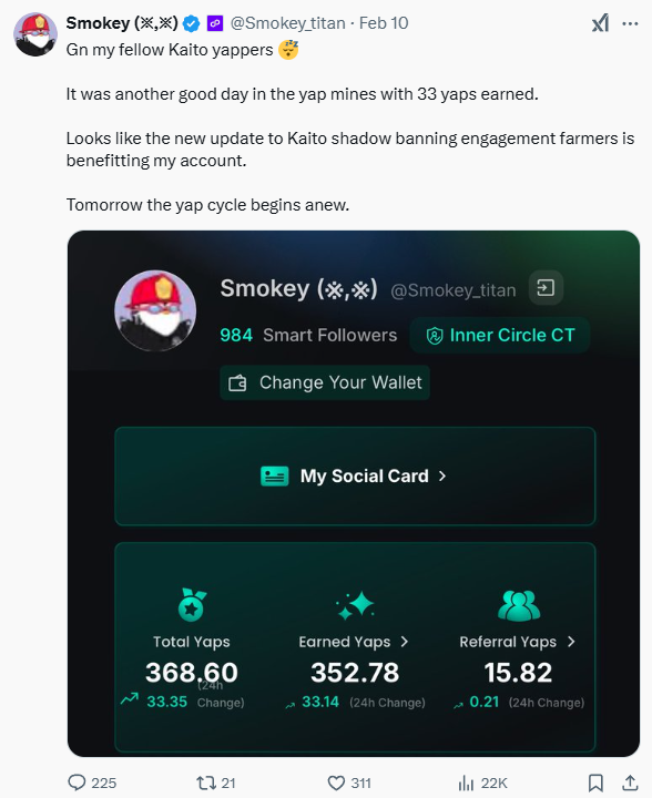 Let’s break down his (<a href="/smokey_/"></a>) last two days of posts:

1. flexing his yaps (part 3)
2. kaito space about yaps farming (part 2)
3. flexing his social card (inner circle, smart followers)
4. kaito space about yaps farming (part 1)
5. flexing his kaito leaderboard position
6.