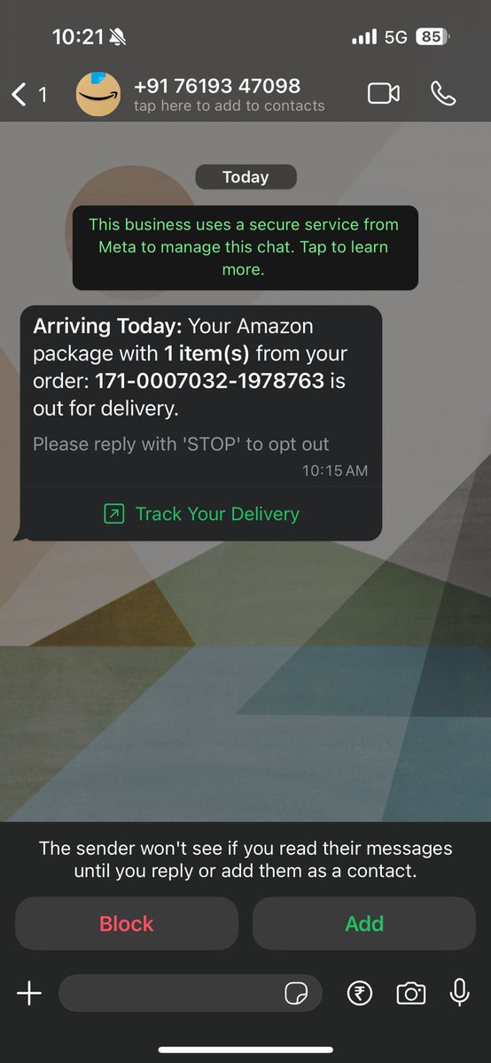 GauravChanodia's tweet photo. @amazonIN 

Very surprising to be getting this delivery notification on WhatsApp through a private number
Have been getting these messages from the same number on every delivery
Most surprising thing is that messages from verified account of Amazon India is received much later https://t.co/NkvyptCXkp