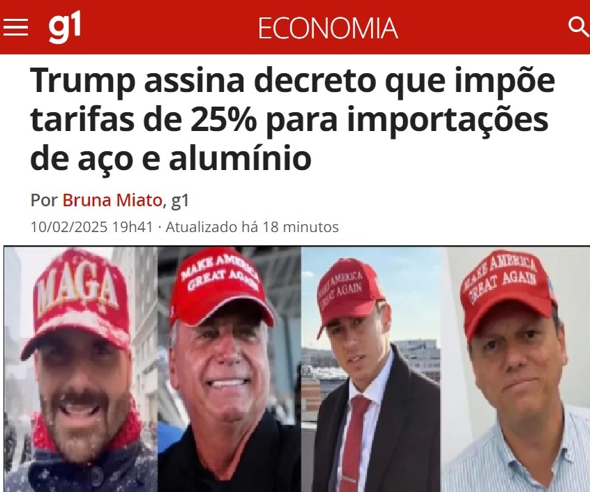 Aí trabalhadores na produção de aço e alumínio.
Se perderem o emprego, agradeçam ao Jair Bolsonaro, Eduardo Bolsonaro bananinha, Nikolas Ferreira, Tarcísio de Freitas, Michelle Bolsonaro, Carla Zambelli, Bia Kicis e toda corja de deputados bolsonaristas. Eles apoiam Trump