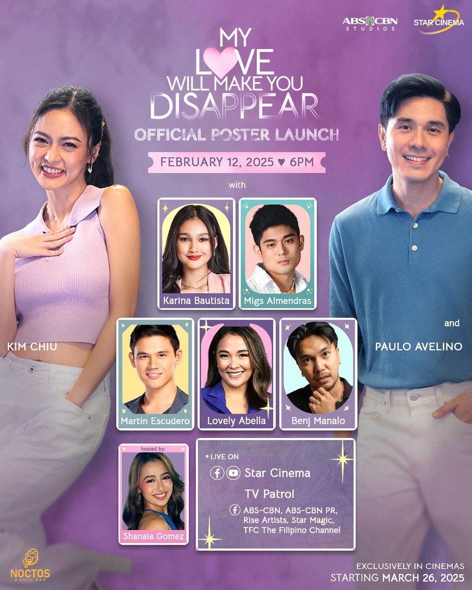 kowalerts's tweet photo. It’s OFFICIAL! 

KimPau ang date niyo tomorrow for ‘My Love Will Make You Disappear’ Official Poster Launch! LIVE! 💓

Ito ang early Valentine’s gift namin sa into, kasama pa ang ibang cast na mas makilala niyo rin ang kwentong pag-ibig on March 26 in Philippine Cinemas! ✨

#MyLoveWillMakeYouDisappear