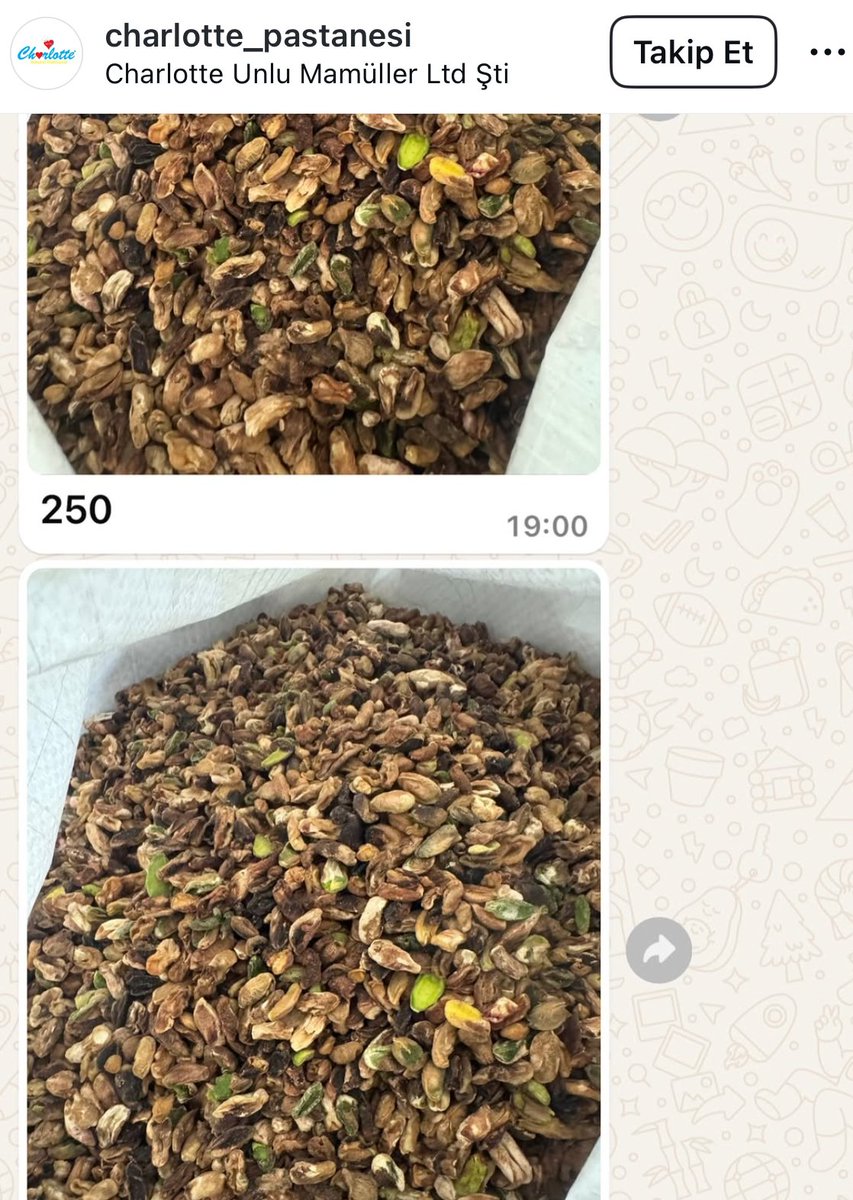 Antalya'da faaliyet gösteren Şarlot Pastanesi isimli işletme Instagram hesabında yurtdışından dönen ve imha edilmeyen Antep fıstıklarının pazarlık sürecini paylaştı.
Paylaşılan fotoğraflarda ürünlerin kilosu 150₺'ye kadar düştüğü ve işletmelere satıldığı görülüyor.
<a href="/tctarim/">T.C. Tarım ve Orman Bakanlığı</a>