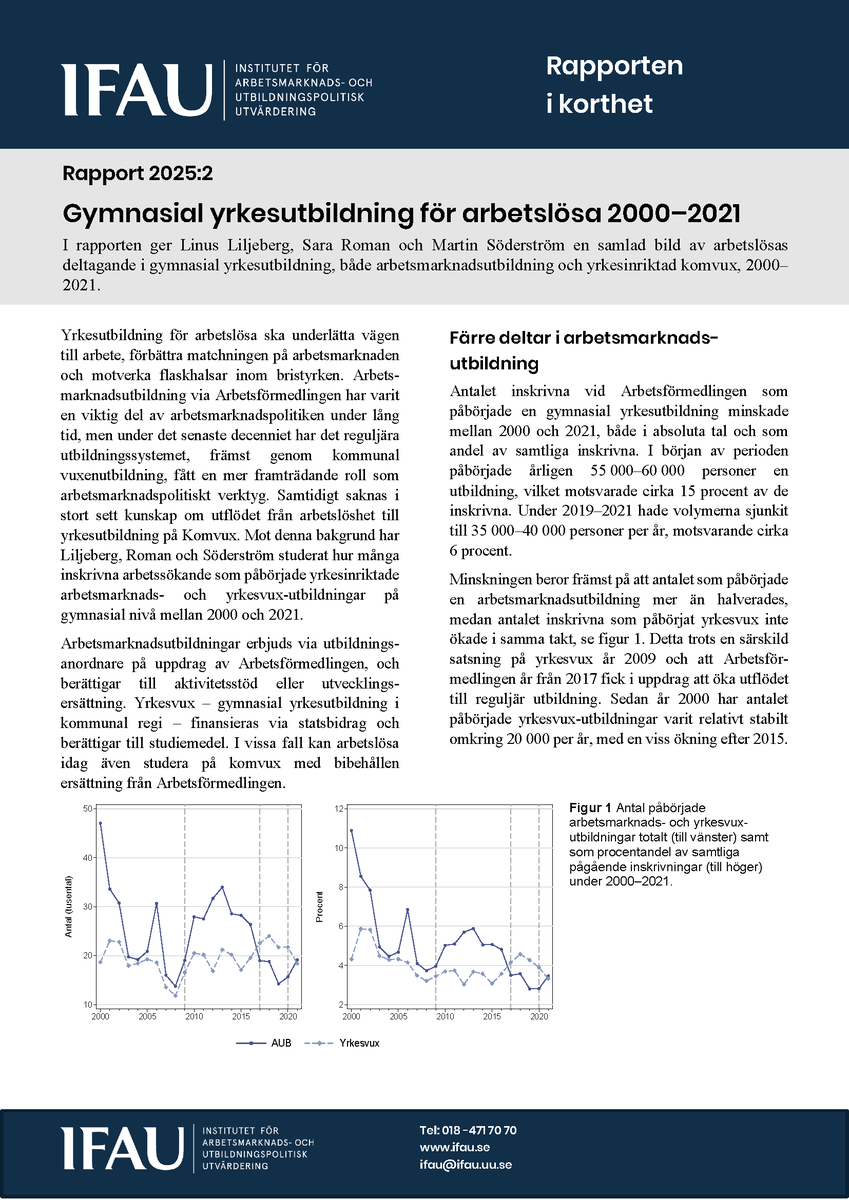 IFAU_SE's tweet image. Gymnasial yrkesutbildning bland arbetslösa 2000–2021.  

Ny IFAU-rapport idag av Linus Liljeberg, Sara Roman och Martin Söderström.

ifau.se/Press/Meddelan…