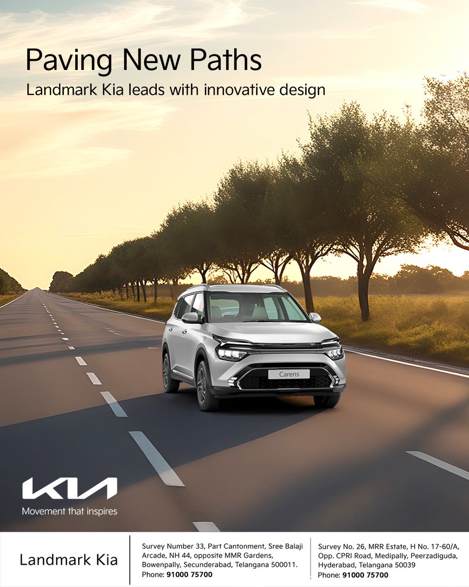 LandmarkKiaHyd's tweet photo. Blaze your own trail with Landmark Kia! Leading the way with innovative design, we’re turning every road into an adventure. Ready to pave new paths?

#Kia #KiaIndia #LandmarkKia #LandmarkCars #GroupLandmark #YouDriveUs #Hyderabad https://t.co/skJTCb11Pf