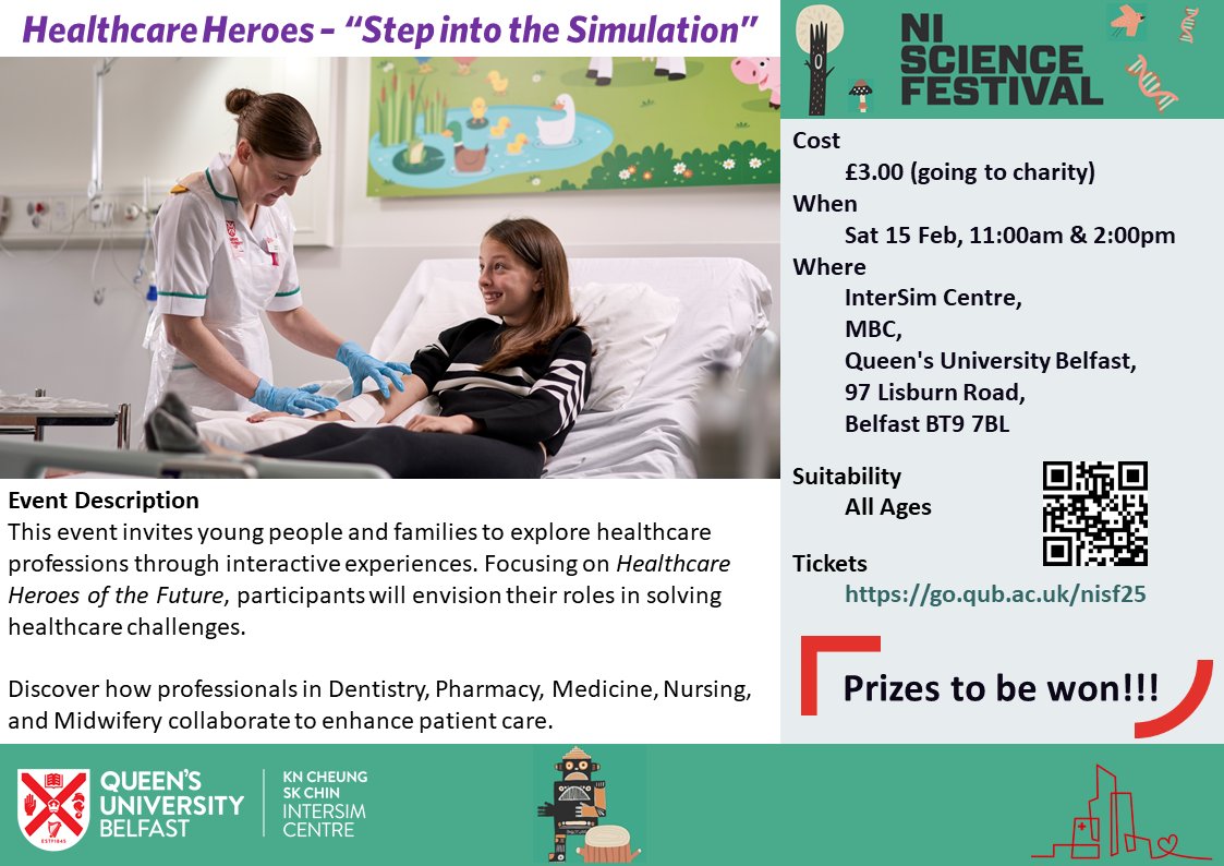 QUB Simulation Centre (@qubintersim) on Twitter photo Join us this Saturday for Healthcare Heroes - Step into The Simulation at <a href="/niscifest/">NI Science Festival</a> ! This hands-on event lets you step into the shoes of real healthcare professionals. Don't miss this unique opportunity to learn & save lives!
Tickets can be found 🔽 Join us this Saturday for Healthcare Heroes - Step into The Simulation at <a href="/niscifest/">NI Science Festival</a> ! This hands-on event lets you step into the shoes of real healthcare professionals. Don't miss this unique opportunity to learn & save lives!
Tickets can be found 🔽