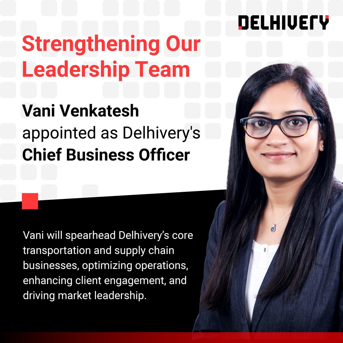delhivery's tweet photo. We're pleased to announce the appointment of Vani Venkatesh as Delhivery’s Chief Business Officer!

With leadership experience at Airtel, McKinsey, Unilever & Abbott, Vani will drive scalability, innovation & customer-centric growth across key businesses.

Read more: https://t.co/n5uYW9UaJf 

#Leadership #Delhivery #Growth