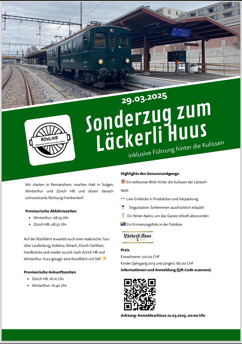 🎉 Hesch am 29. März 2025 no nüt los? Oder bruchsch no es zündends Gschänkli für d Mami? 🎁

De Möhl-Express nimmt dich mit uf e chnusprigi Läckerli-Fahrt direkt is Läckerli-Huus nach Frenkendorf! 🚂🍪 Dört wartet e spannende Füehrig, es Degustations-Schlaraffenland und villicht