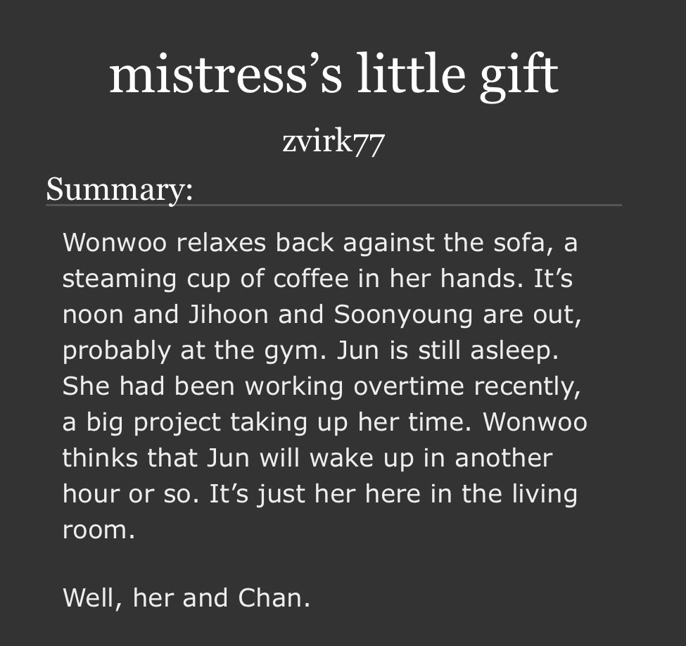 mistress’s little gift

Wonwoo/Chan/Jun, background 96z/Chan

Written for <a href="/Enchanting0211/">Enchanting FicFest | Posting now!!!</a> 

archiveofourown.org/works/62844985