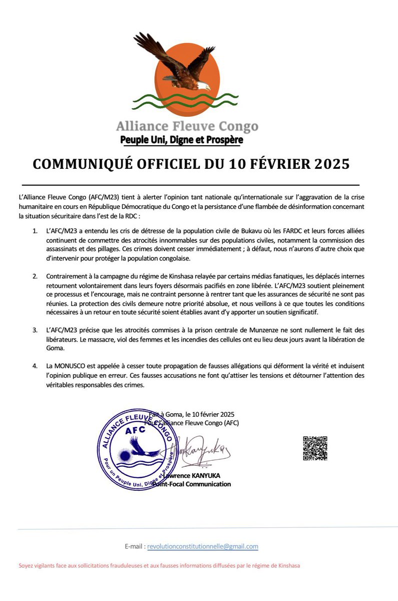 la_une1's tweet photo. #RDC_ #AFC/M23 | “Les crimes commis à Bukavu par les forces de la coalition du régime de Kinshasa doivent cesser immédiatement ; à défaut, nous n’aurons d’autre choix que d’intervenir pour protéger la population congolaise” #AFC/M23 dans un communiqué https://t.co/r3pirTDAip