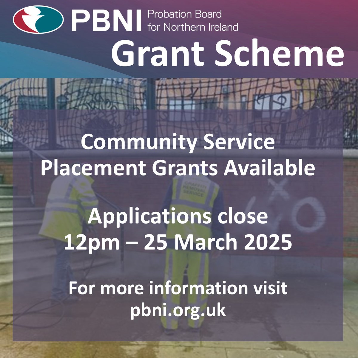 📢GRANT FUNDING OPPORTUNITY📢 
#CommunityService Work Placement Grants are now available.
Applications close on 25 March 2025. 
🖥️Details are online at pbni.org.uk/community-and-…