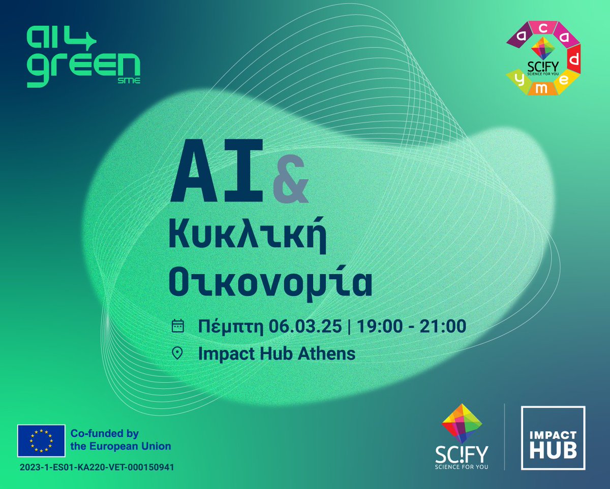 📣 Registrations are now open! Sign up for free! 
📆 Thursday 06/03, 19:00 – 21:00 
📌 Impact Hub Athens <a href="/ImpactHubAthens/">Impact Hub Athens</a> 
📷 Registration Form: go.scify.gr/sfacIN49Tickets
 ℹ️ go.scify.gr/News49thSciFYA…

#scify #ai4greensme #AI #SMEs #EVENT #Sustainability