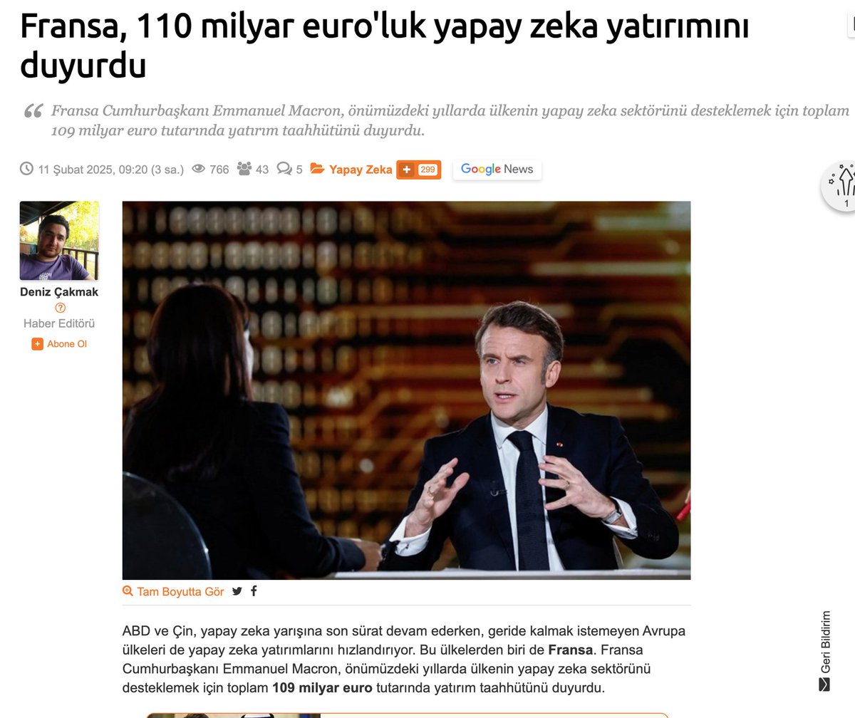 Dış ülkelere (özellikle ABD ve Çin’e) yapay zeka bağımlılığı, ülkelerin ellerini kollarını bağlayacak. Türkiye olarak da ivedilikle bunun nasıl bir BEKA SORUNU olduğunu idrak etmemiz ve bu konuyu önceliklendirmemiz gerekiyor.

Avrupa da ayakta uyuyor… Ancak Macron, Fransa’nın