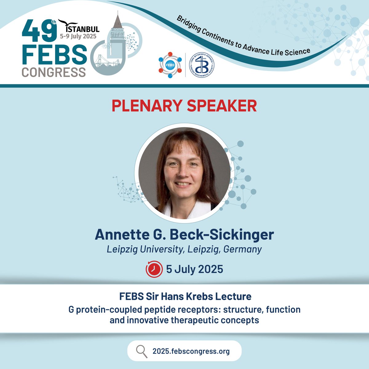 #FEBSCongress2025 – Plenary Speaker Intro
We look forward to an opening Congress lecture on #GPCRs from Prof. Annette G. Beck-Sickinger (Leipzig University), who will be awarded the FEBS Sir Hans Krebs Medal at the event #WomenInScience #11February
➡️2025.febscongress.org/plenary-speake…