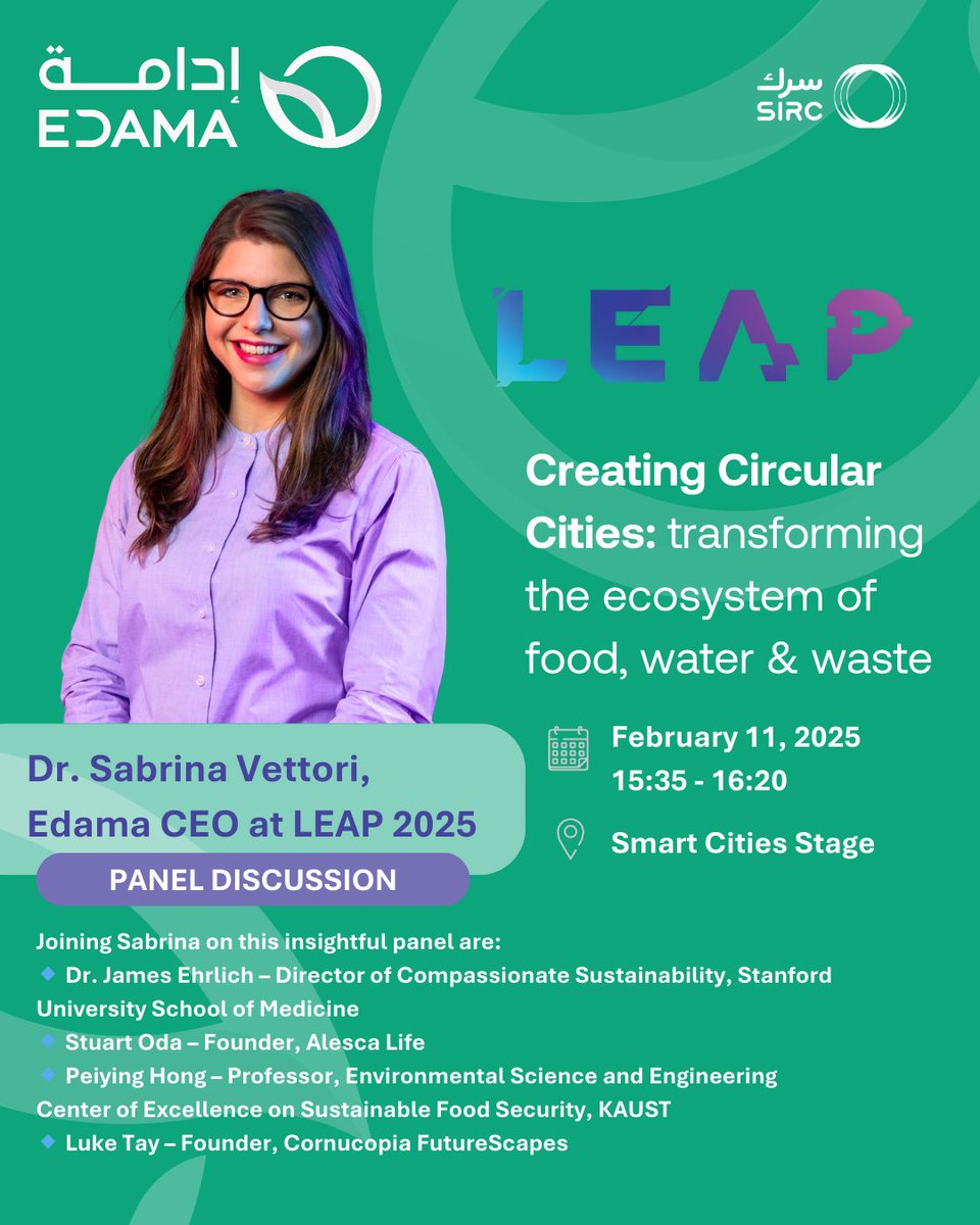 EdamaSolutions's tweet image. Join us today at LEAP 2025 where our CEO and a team of international experts will engage in panel discussion: 
"Creating Circular Cities: Transforming the Ecosystem of Food, Water &amp;amp; Waste."

Let’s connect &amp;amp; shape the future of circular cities! #CircularCities #Edama #LEAP