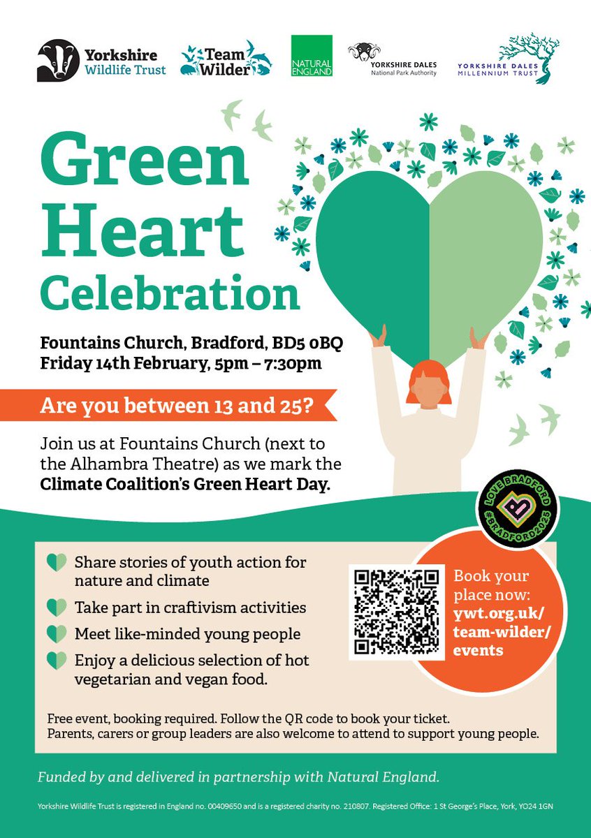 Green Heart Celebration Event for young people aged 13-25: 

Youth Action for Climate, Fri 14th Feb 1700-1930, Fountains Church in Bradford. 

ywt.org.uk/events/2025-02…