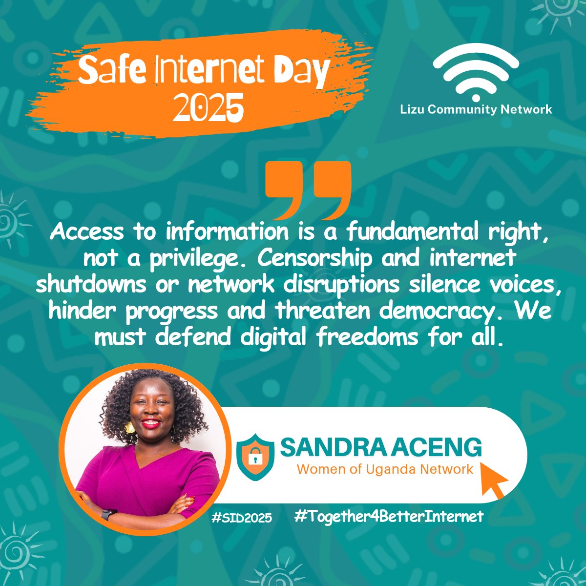 Lizu Community Network (@lizuorg) on Twitter photo Access to information is a fundamental right, not a privilege. Censorship and internet shutdowns or network disruptions silence voices, hinder progress and threaten democracy. We must defend digital freedoms for all.
#SID2025 #DigitalRights #together4betterinternet <a href="/wougnet/">Women of Uganda Network</a> Access to information is a fundamental right, not a privilege. Censorship and internet shutdowns or network disruptions silence voices, hinder progress and threaten democracy. We must defend digital freedoms for all.
#SID2025 #DigitalRights #together4betterinternet <a href="/wougnet/">Women of Uganda Network</a>