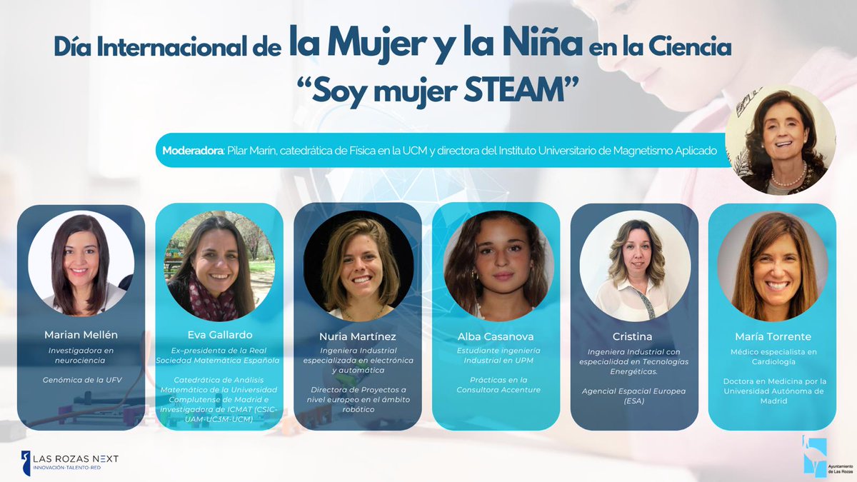 <a href="/CSIC/">CSIC</a> <a href="/11defebreroES/">Día Mujer y Ciencia</a> También hoy, <a href="/EvaAGallardoGu1/">Eva A. Gallardo Gutierrez</a>, catedrática en la <a href="/unicomplutense/">Complutense</a> e investigadora del #ICMAT, compartirá sus experiencias con otras mujeres del ámbito #STEAM en el Hub de las Rozas Next, iniciativa del Ayuntamiento de Las Rozas ⬇️

#mujeryciencia #Iniciativa11F #11F <a href="/11defebreroES/">Día Mujer y Ciencia</a>