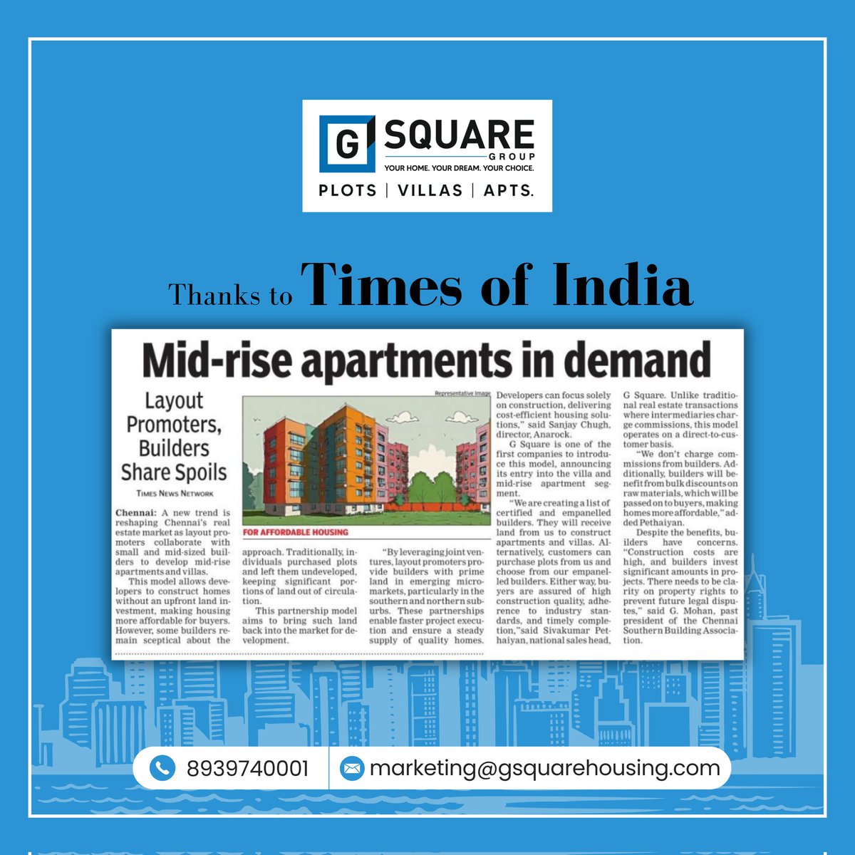 🏡 G Square in the Spotlight! 🏡

A huge THANK YOU to <a href="/timesofindia/">The Times Of India</a> for featuring the growing demand for mid-rise apartments and highlighting the game-changing real estate model we’re driving!

At <a href="/GSquareHousing/">G Square Housing</a>, we’re redefining the future of housing with affordable,