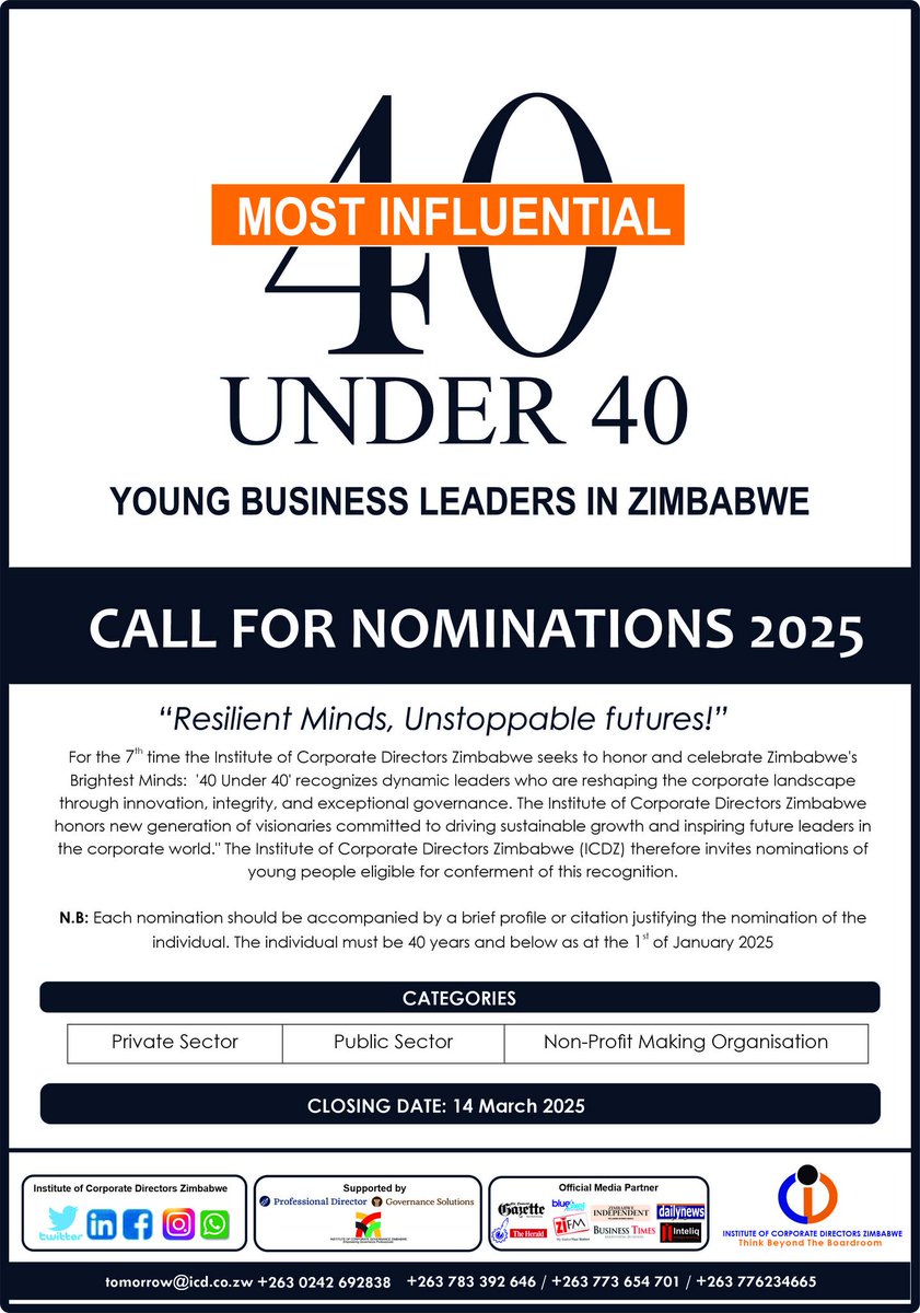 Join uu: 
Eligibility: Zimbabwean citizen, age 40 or under
Submission Requirements: Nomination form, supporting documents, and 500-word essay
Deadline: 14 March 2024
Email: tomorrow@icd.co.zw
Call: 0242 692838; +263 783 392 646; +263 773 654 701; +263 77 246 9893