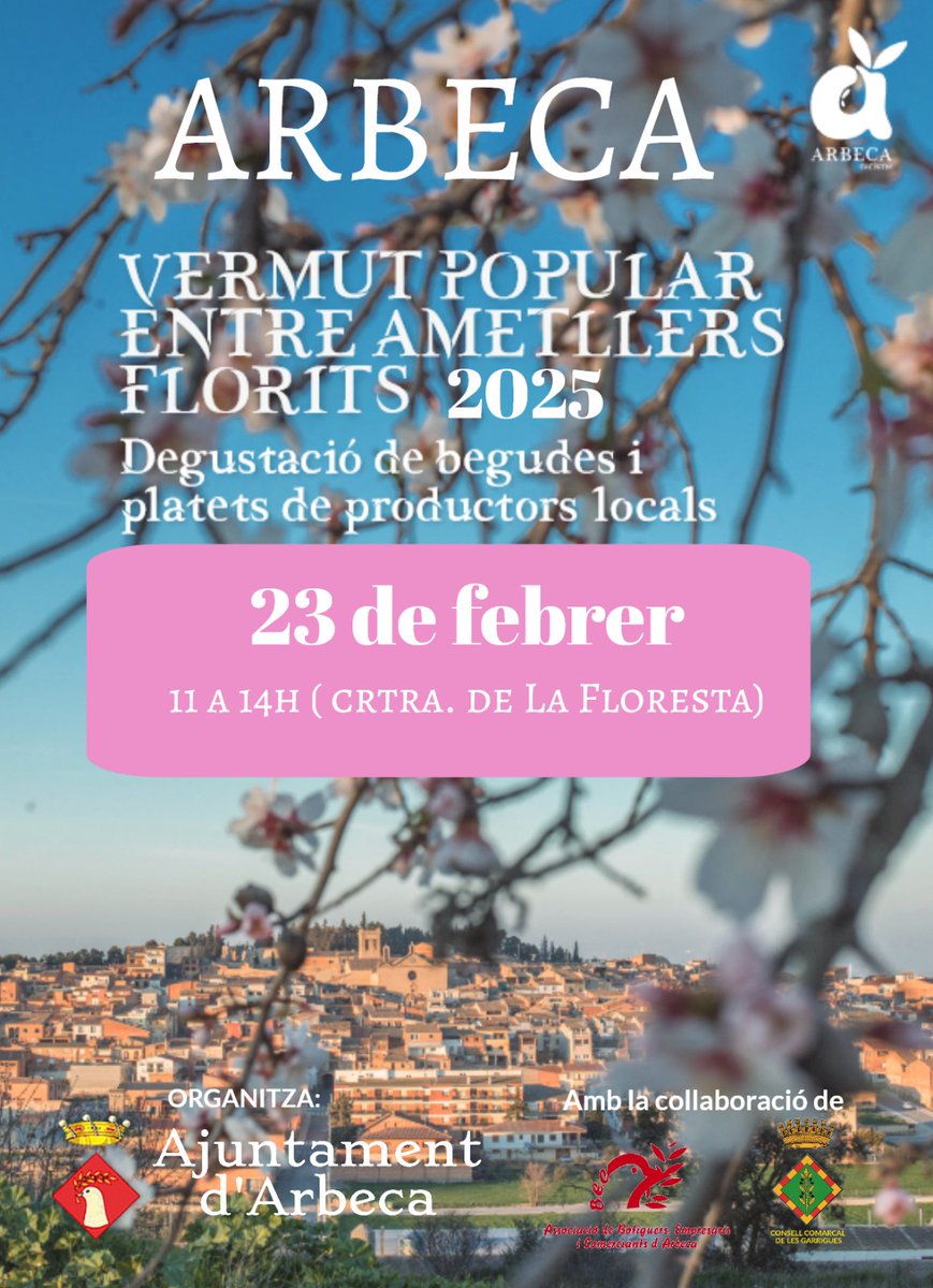 Turisme d’Arbeca (@turismearbeca) on Twitter photo Ja tenim data! El proper diumenge 23 de febrer l'<a href="/ajunt_arbeca/">Ajuntament d'Arbeca</a> amb la col·laboració del <a href="/CCGarrigues/">Consell Comarcal de les Garrigues</a> i l'Associació de Botiguers i Comerciants d'Arbeca organitza el ja tradicional VERMUT POPULAR ENTRE AMETLLERS FLORITS amb degustació de begudes i platets de productors locals. Ja tenim data! El proper diumenge 23 de febrer l'<a href="/ajunt_arbeca/">Ajuntament d'Arbeca</a> amb la col·laboració del <a href="/CCGarrigues/">Consell Comarcal de les Garrigues</a> i l'Associació de Botiguers i Comerciants d'Arbeca organitza el ja tradicional VERMUT POPULAR ENTRE AMETLLERS FLORITS amb degustació de begudes i platets de productors locals.