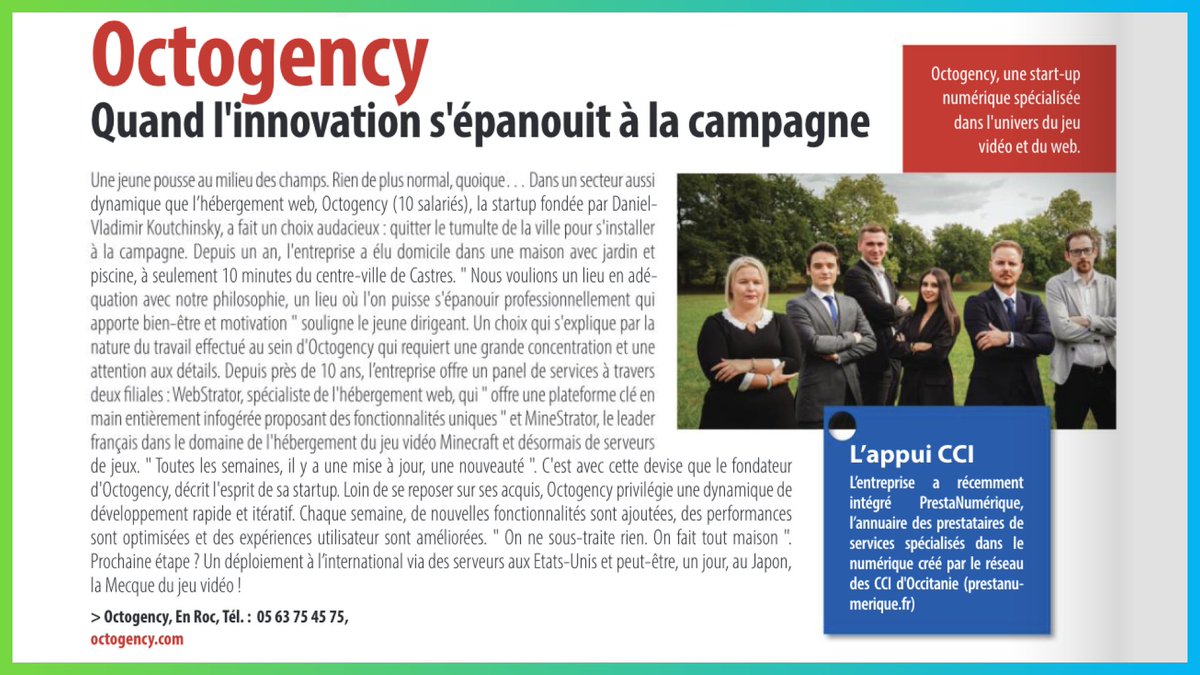 📢 On parle de nous !
Nous sommes à l’honneur dans le dernier numéro d'Ecotarn, le magazine économique de la <a href="/CCI_du_Tarn/">CCI du Tarn</a> !
L’occasion de mettre en avant notre expertise dans l'hébergement gaming &amp; web. Prochaine étape : déploiement aux États-Unis et peut-être un jour au Japon 👾
