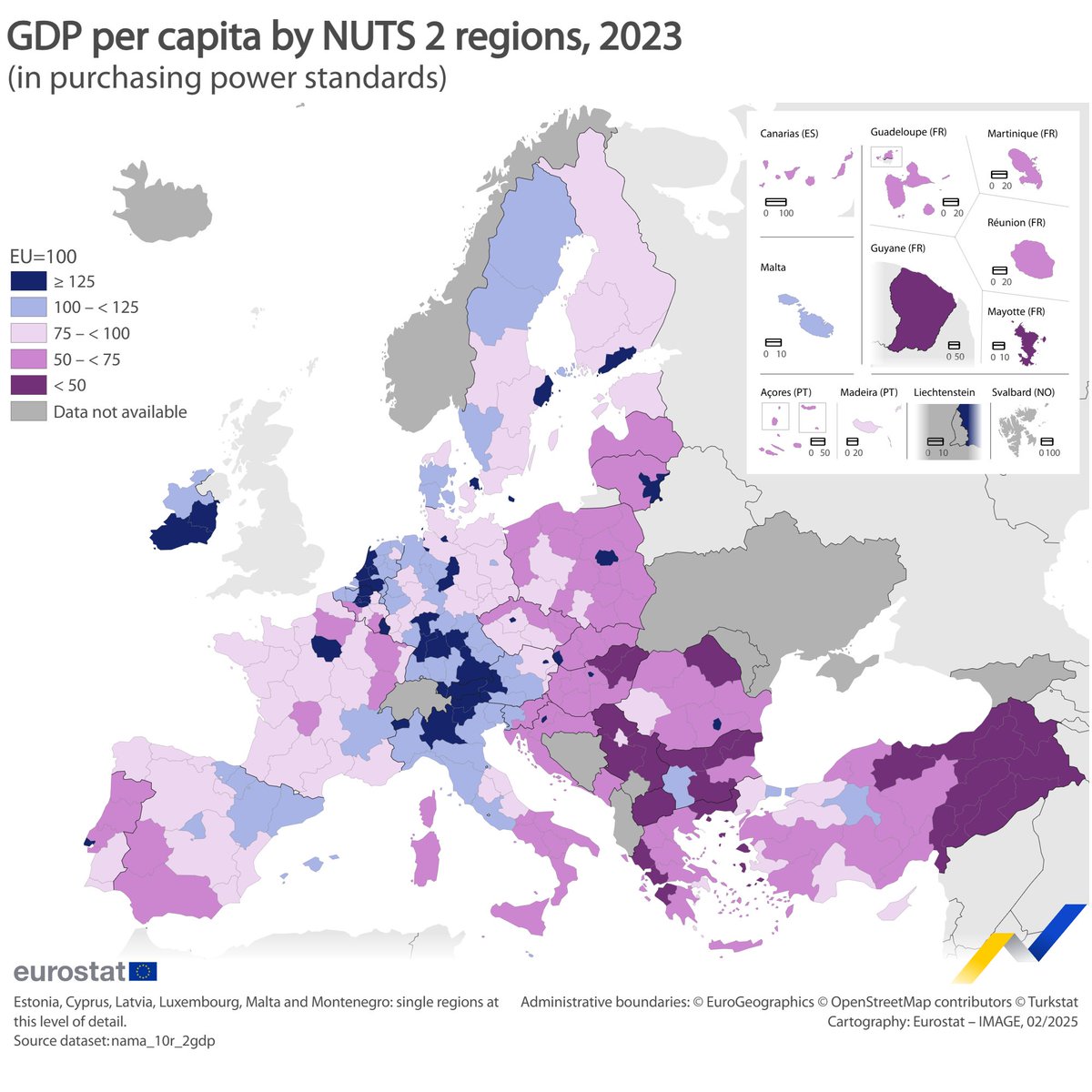 EU_Eurostat's tweet image. In 2023, regional GDP per capita expressed in terms of national purchasing power standards ranged from 27.6% of the EU average in 🇫🇷 Mayotte to 244.7% in 🇮🇪 Eastern and Midland Ireland. 🏦
What about your region❓
Learn more ➡️europa.eu/!jvhNh4