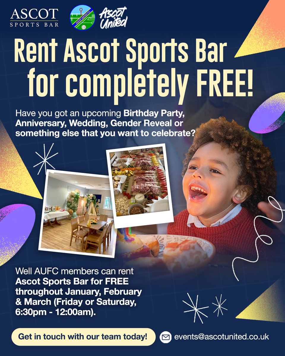 Rent <a href="/AscotSportsBar/">Ascot Sports Bar</a> for completely free!

#AUFC members can rent Ascot Sports Bar for FREE throughout Jan, Feb &amp; March (Friday or Saturday 6:30pm-12:00am).

Get in touch today! 🙌🎉🎈