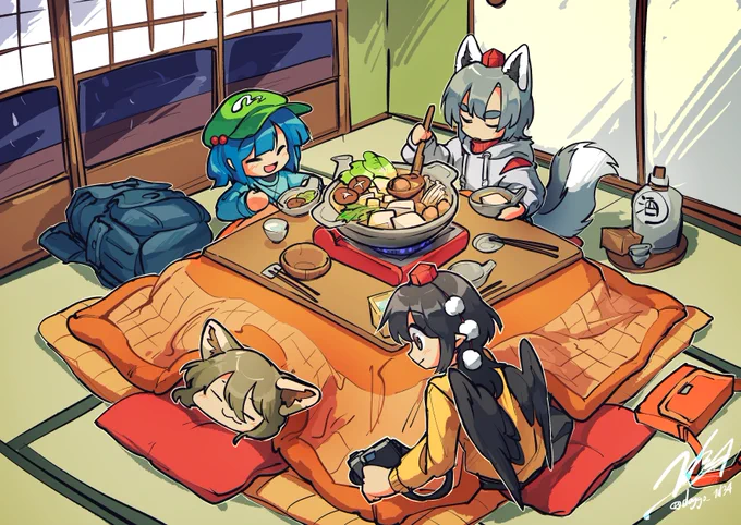 Skeb納品しました!!!妖怪の山で鍋パーティーをする4人のイラストです#東方Project #Skeb募集中 #Commission 
