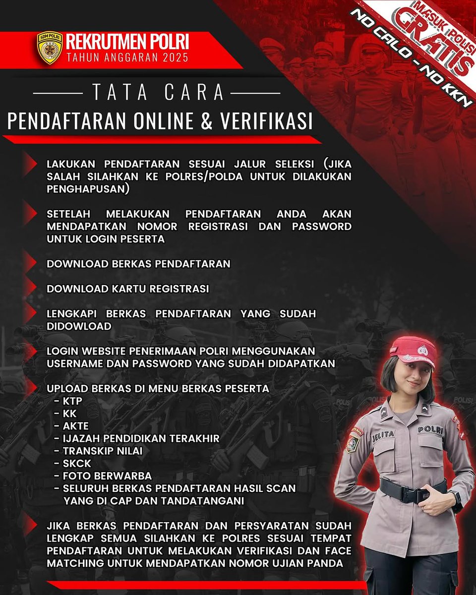 TATA CARA PENDAFTARAN ONLINE &amp; VERIFIKASI
#penerimaanpolri2025 #rekrutmenpolri #akpol #bintara #tamtama #polri #listyosigitprabowo #polisiindonesia #humaspolri #birosdmpoldasumsel
 <a href="/ssdm_polri/">ssdmpolriofficial</a>
@kapolda_sumsel
@musi_satu
@polisi_sumsel
<a href="/drajad/">M. D. Diponegoro</a>.1996
@kapolres_prabumulih