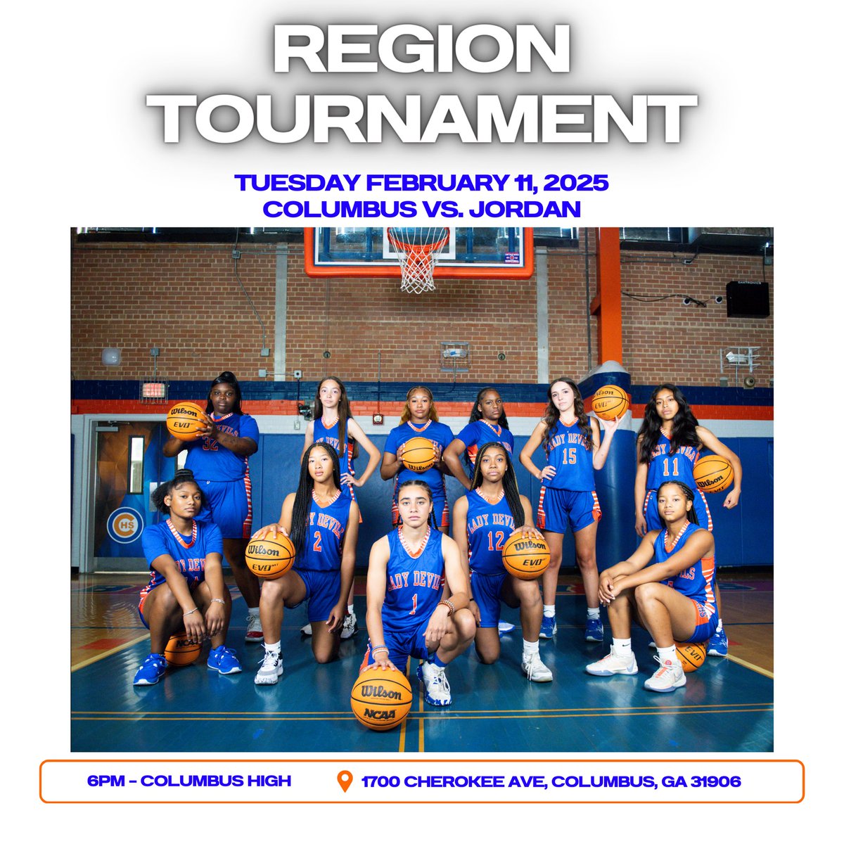 🚨 Region Tournament 🚨
🗓️ Tuesday February 11th
🆚 Jordan
⌚️ 6pm
📍 1700 Cherokee Ave, Columbus, GA 31906