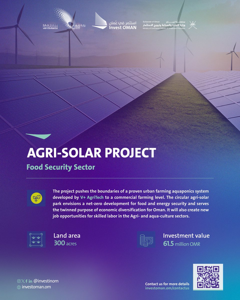 Investinom's tweet photo. The Agri-Solar Project is a unique investment opportunity in a vital sector that ensures both food and economic sustainability, with promising growth potential.
Oman’s food security sector is undergoing a strategic shift toward sustainability and self-sufficiency, opening new horizons for investment.

For more details, contact us: https://t.co/ugWeRbhSBb
#InvestOMAN