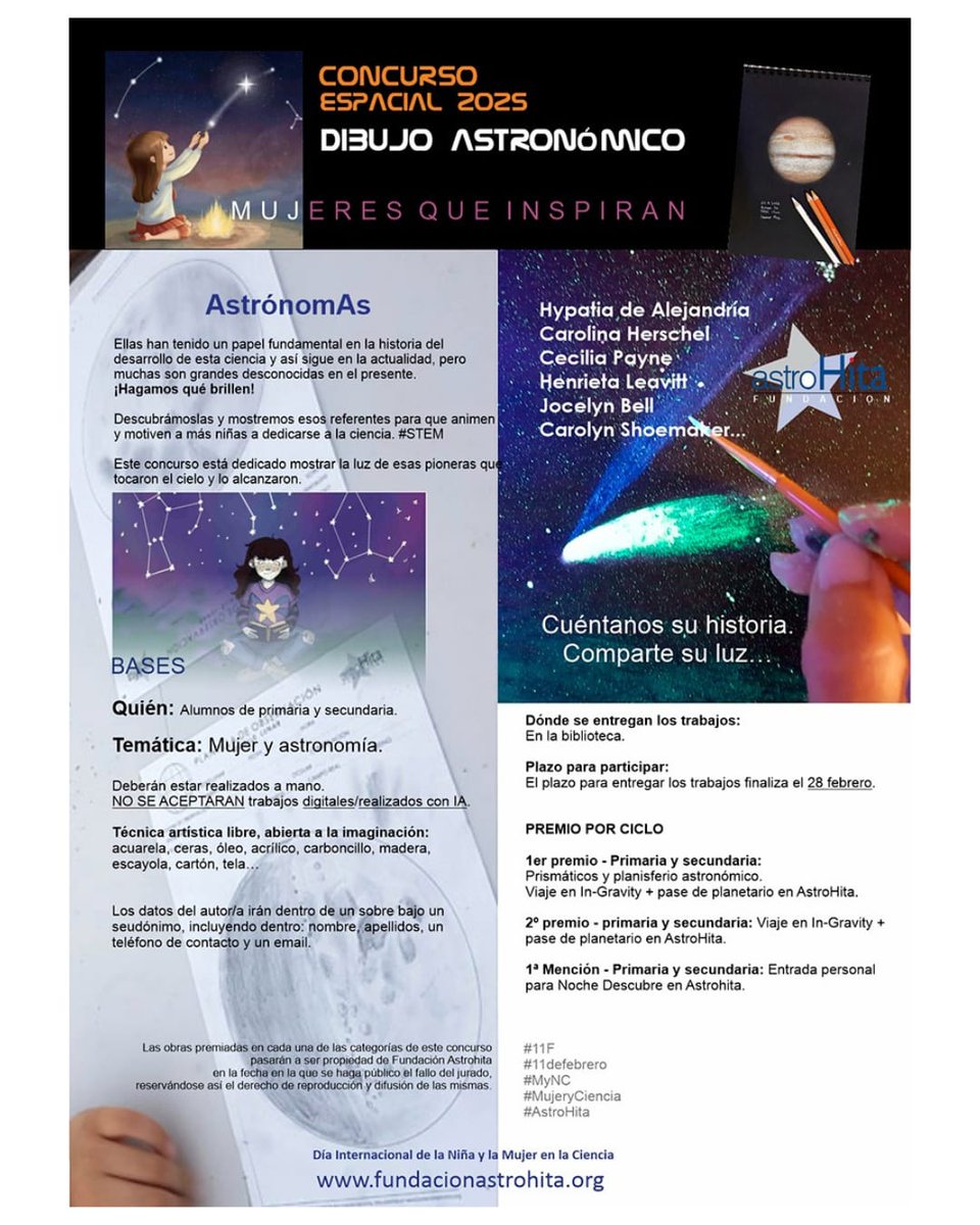AstroHita's tweet photo. 👩🚀 Hoy, 11 febrero, se conmemora el Día Internacional de la Mujer y la Niña en la Ciencia.
Una vez más celebramos junto a @AytoAlmoradiel el concurso de #dibujoastronómico "Mujer Astrónoma" ✍️🎨✨️
🙋🏼♀️ ¡No te lo pierdas! Consulta las bases y participa con nosotros ✨️👇👇 https://t.co/nox4PhfdSb