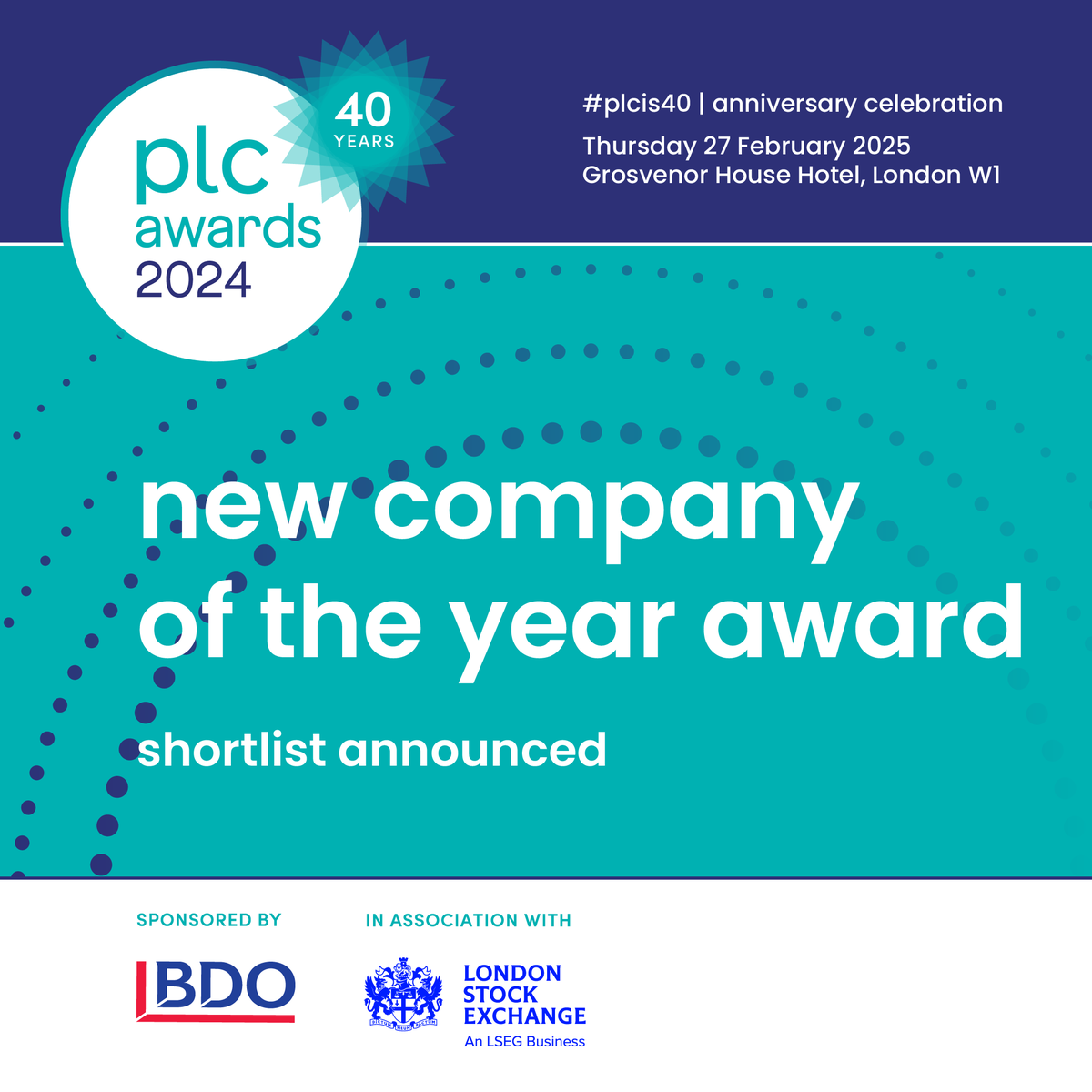 Well done to the outstanding businesses shortlisted for the New Company of the Year Award, sponsored by <a href="/Edison_Inv_Res/">Edison</a> - they are Applied Nutrition plc, <a href="/canalplus/">CANAL+</a> Pollen Street Capital and <a href="/Raspberry_Pi/">Raspberry Pi</a>. Winner revealed on 27 Feb - the 40th anniversary of the awards! #plcis40