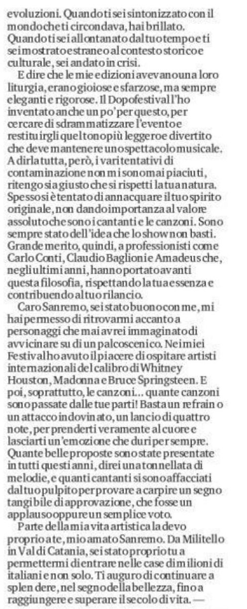 Celebriamo l’inizio di #Sanremo2025 con l’emozionante lettera che Pippo Baudo ha scritto al Festival di Sanremo, pubblicata su La Stampa.

Se oggi siamo alla 75ª edizione è merito di Pippo.

«Ti auguro di continuare a splendere fino a raggiungere e superare il secolo di vita»